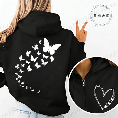 Butterfly Heart Hoodie Zip Up Vintage Hooded Sweatshirts Hip Hop Streetwear