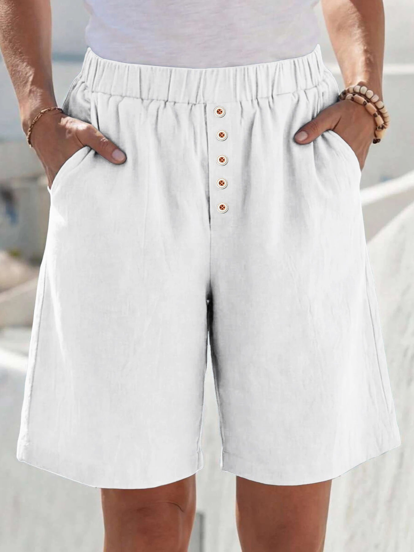 Summer Casual Loose Pocket Buttoned Linen Shorts