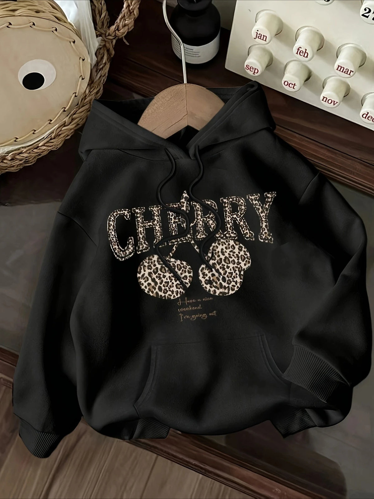 Leopard Print Cherry Letter Printed Round Neck Long Sleeved Hoodies Sweatshirt