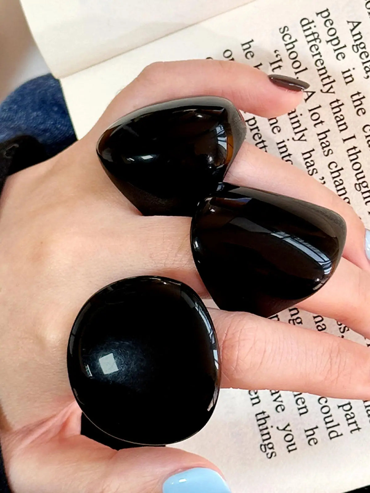 Geometric Minimalist Versatile Black Resin Round Square Statement Ring Set