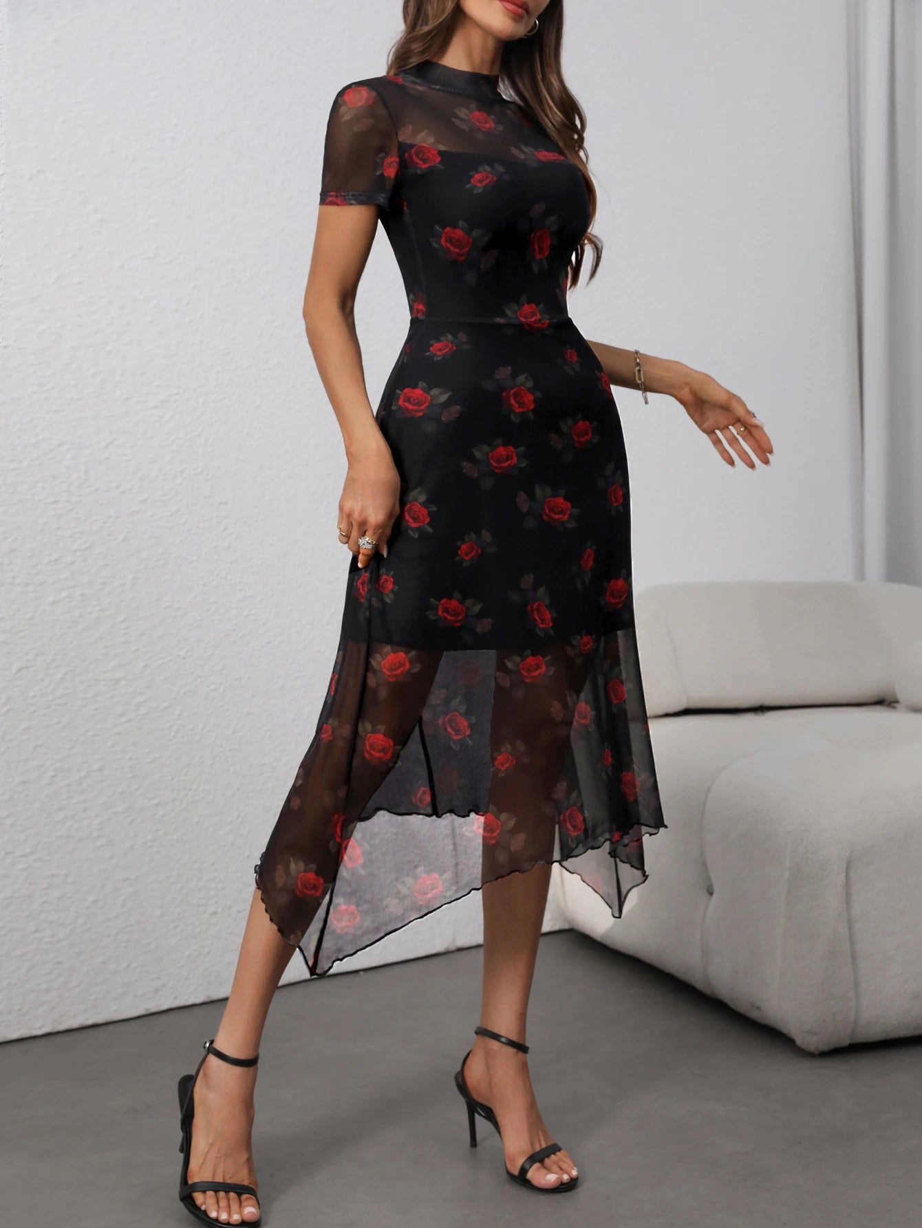 Elegant Florals Short Sleeve Mid Dress