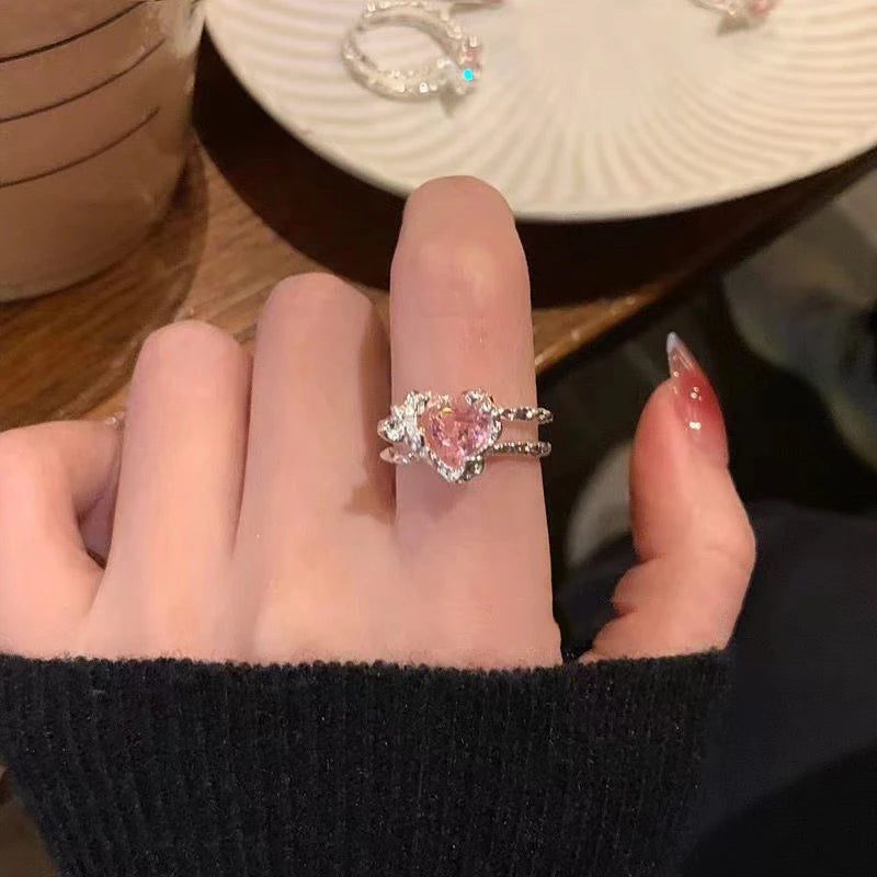 Romantic Lovely Pink Bowknot with Micro Bow Tie Zircon Rings