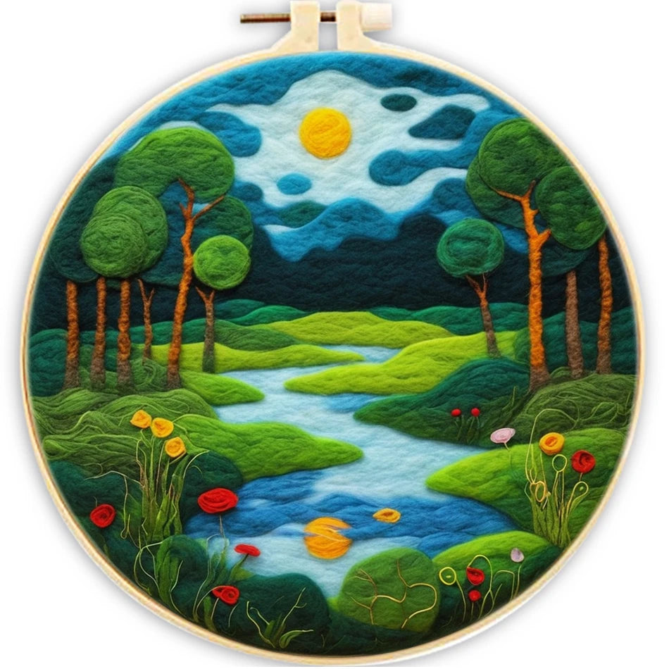 Waterfall Landscape Wool Felting Painting Frame DIY Wool Embroidery Kit
