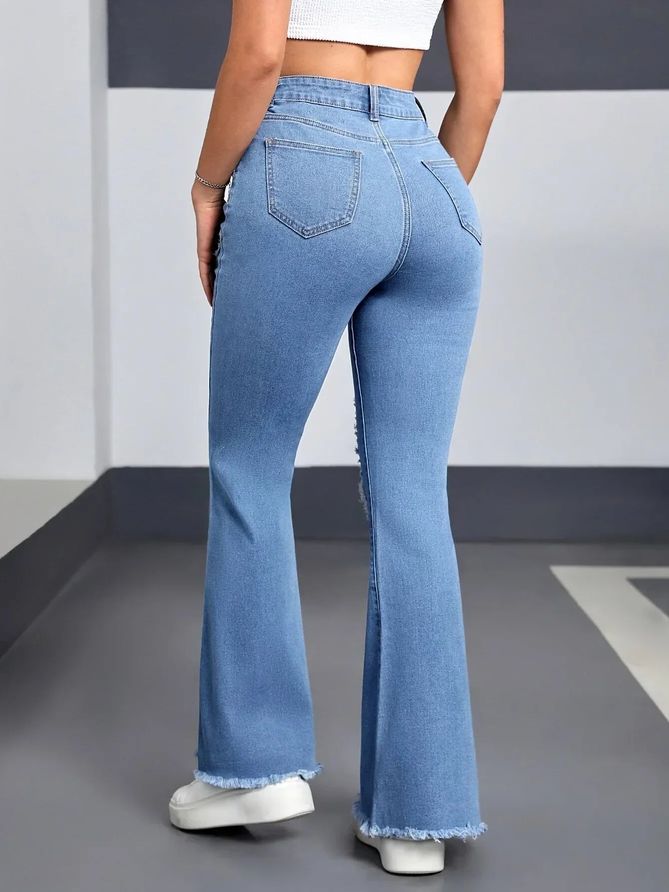 Hole Boot Cut High Waist Stretch Jeans
