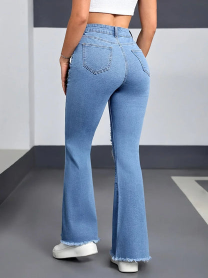 Hole Boot Cut High Waist Stretch Jeans