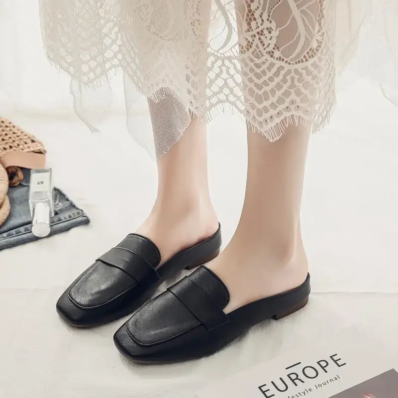 Half Flat Soft Leather Slip-on Lazy Soft Sole Flat Shoes