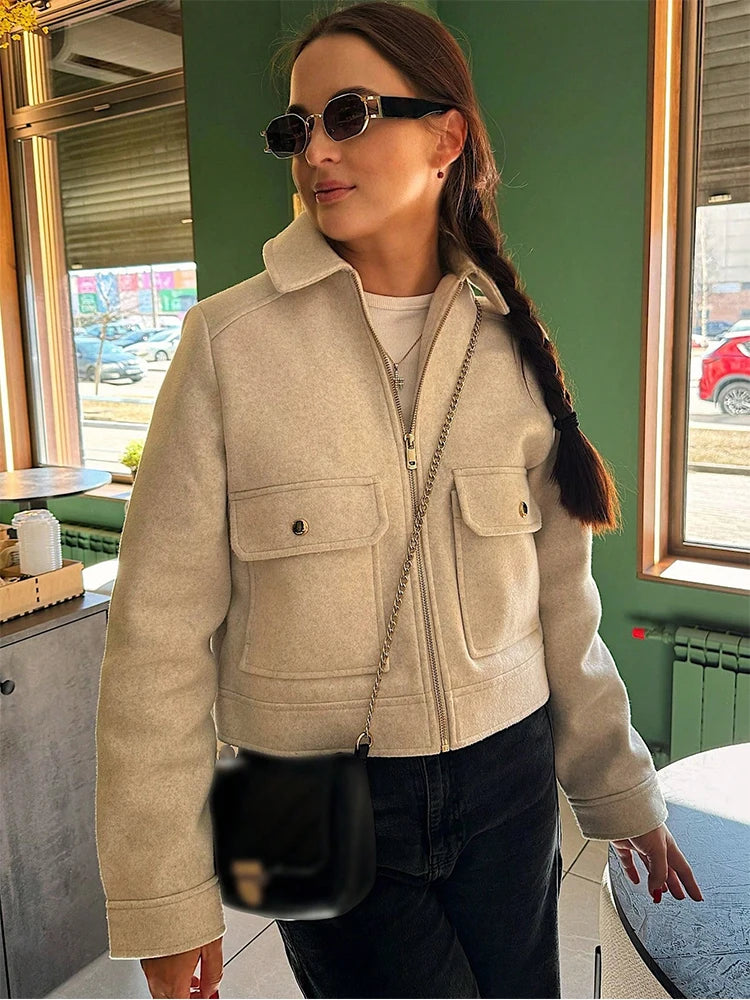 Zipper Winter Long Sleeve Pocket Outerwear Elegant Jacket Coat