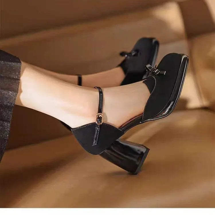 High-end strap high-heeled bow-shaped square-toe chunky heel sandals