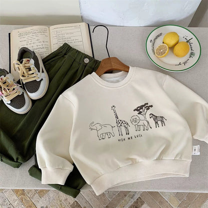 Spring/Autumn Cartoon Animals Print Long Sleeve Round Neck Hoodie