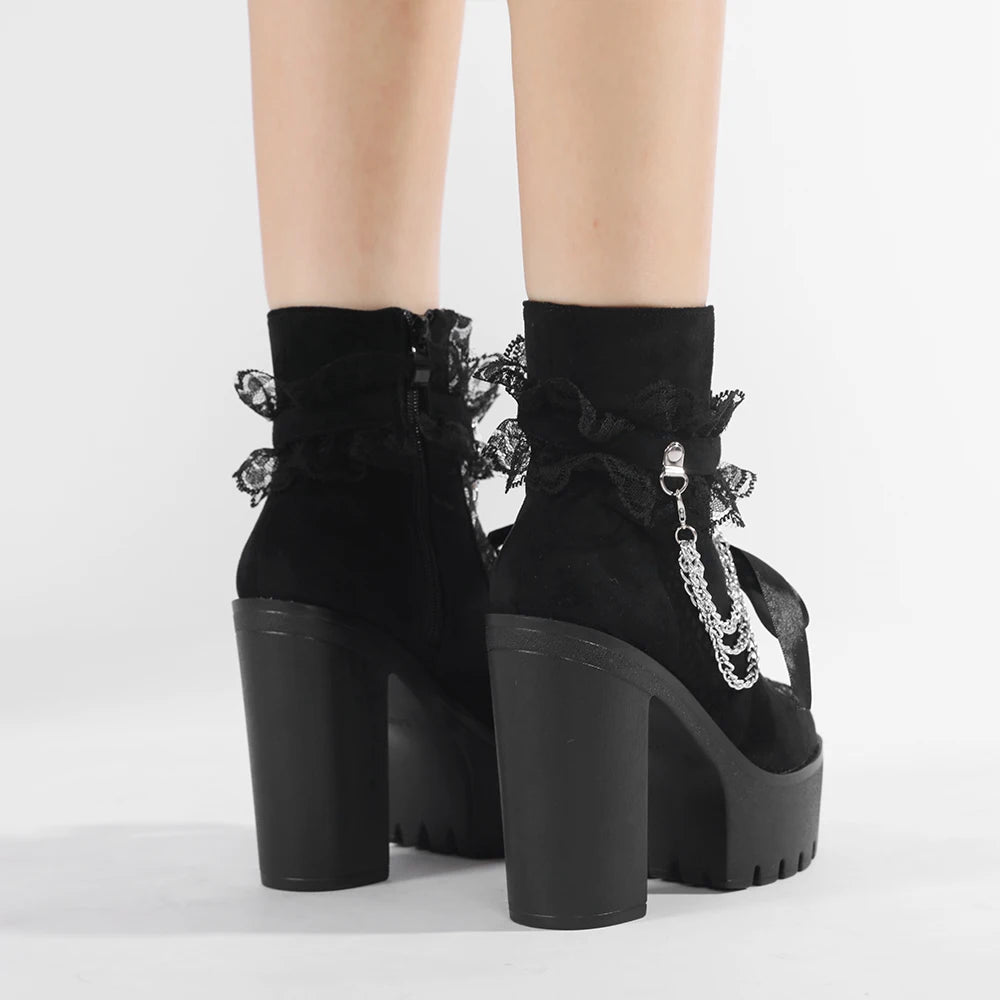 Gothic Lace Ankle Chunky Heel Side Zipper with Chain Platform Goth Boots