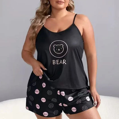 Plus Size Bear Print Sleeveless Screw Top & Shorts Pajamas Sets