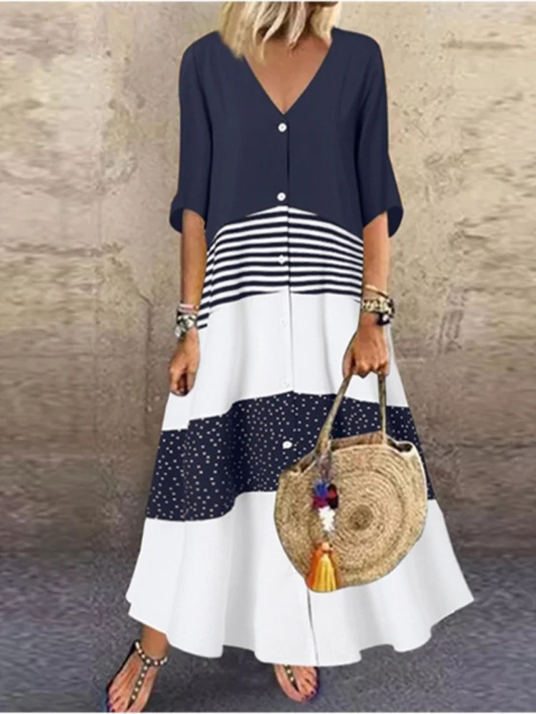 Short Sleeved V-neck Button Up Dress
