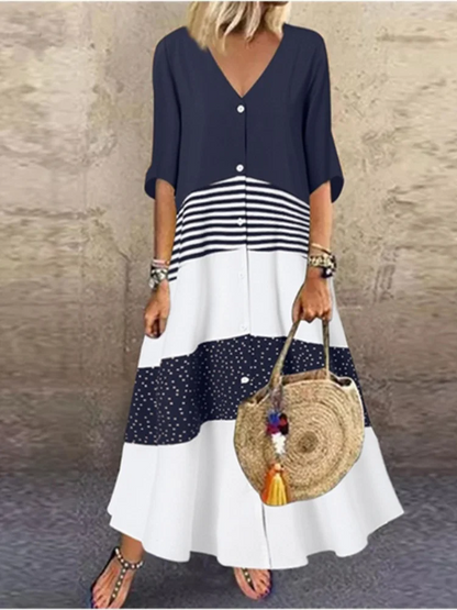 Short Sleeved V-neck Button Up Dress