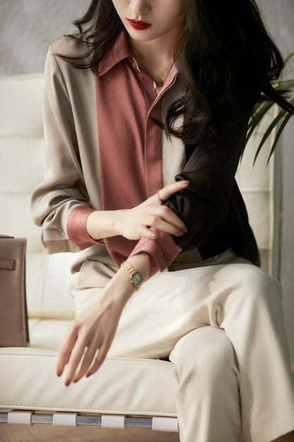 Satin Button Blouse Long Sleeve Polo Collar Shirt