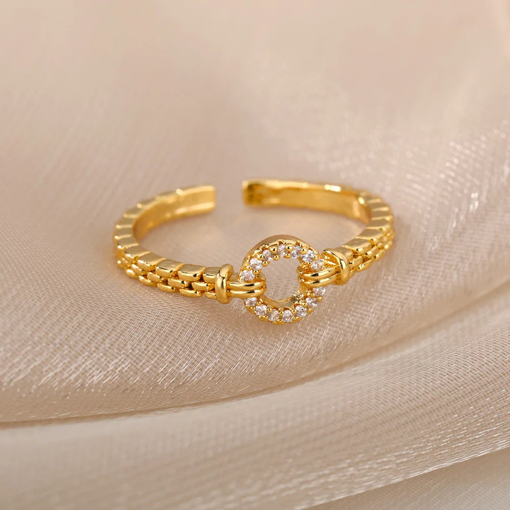 Chain Hollow Out Gold Stainless Steel Zircon Cross Ring