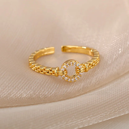Chain Hollow Out Gold Stainless Steel Zircon Cross Ring
