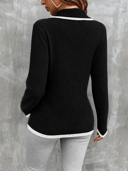 Color Blocking V-Neck Commuter Style Buttoned Long-Sleeved Knit Sweater