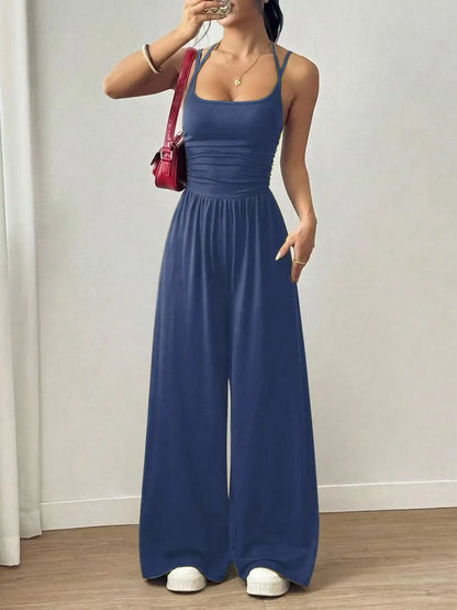 Halter Spaghetti Strap Casual Elastic High Waist Backless Wide Leg Jumpsuits