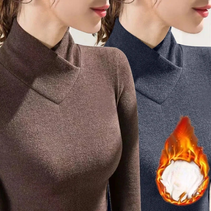 Semi High Neck V-neck Fleece Thermal T-shirt