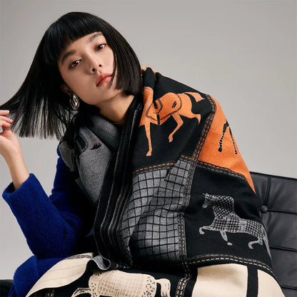 Bufandas de cachemir suave con estampado de caballos a cuadros