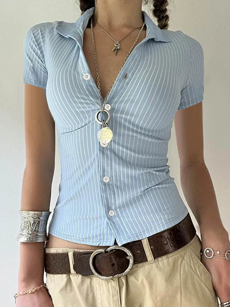 Sweetown Blue Stripe Short Sleeve Shirts