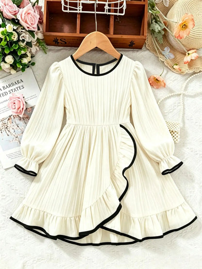 Round Neck Long Sleeve Waist Cinched Bow Tie Pit Stripe Skirt Slit Dress