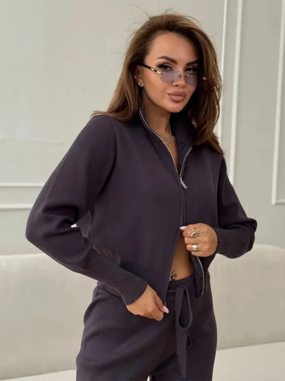 Knit Zip Up Cardigan Wide Leg Soft Fabric Cropped Sets
