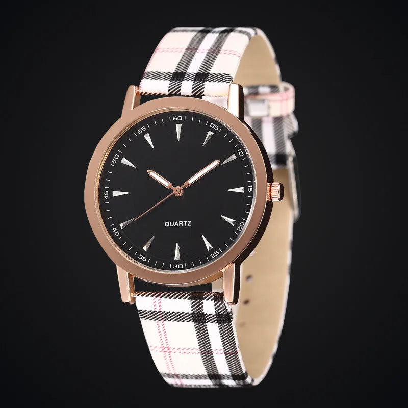 Vintage Plaid Leather Strap Quartz Wristwatches Watch