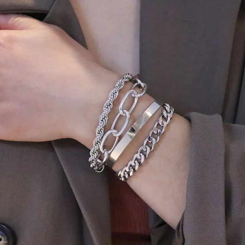 4pcs Punk Curb Cuban Chain Bracelets Set