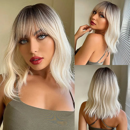 Wavy Bob Short Blonde Dark Roots Wigs