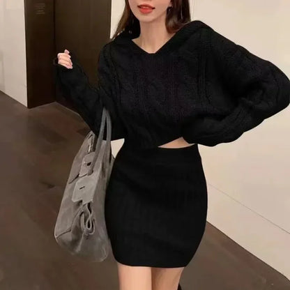 High Waist Hip Knitted Twist Outfits Autumn/Winter Elegant Hooded Pullover Sweater Set
