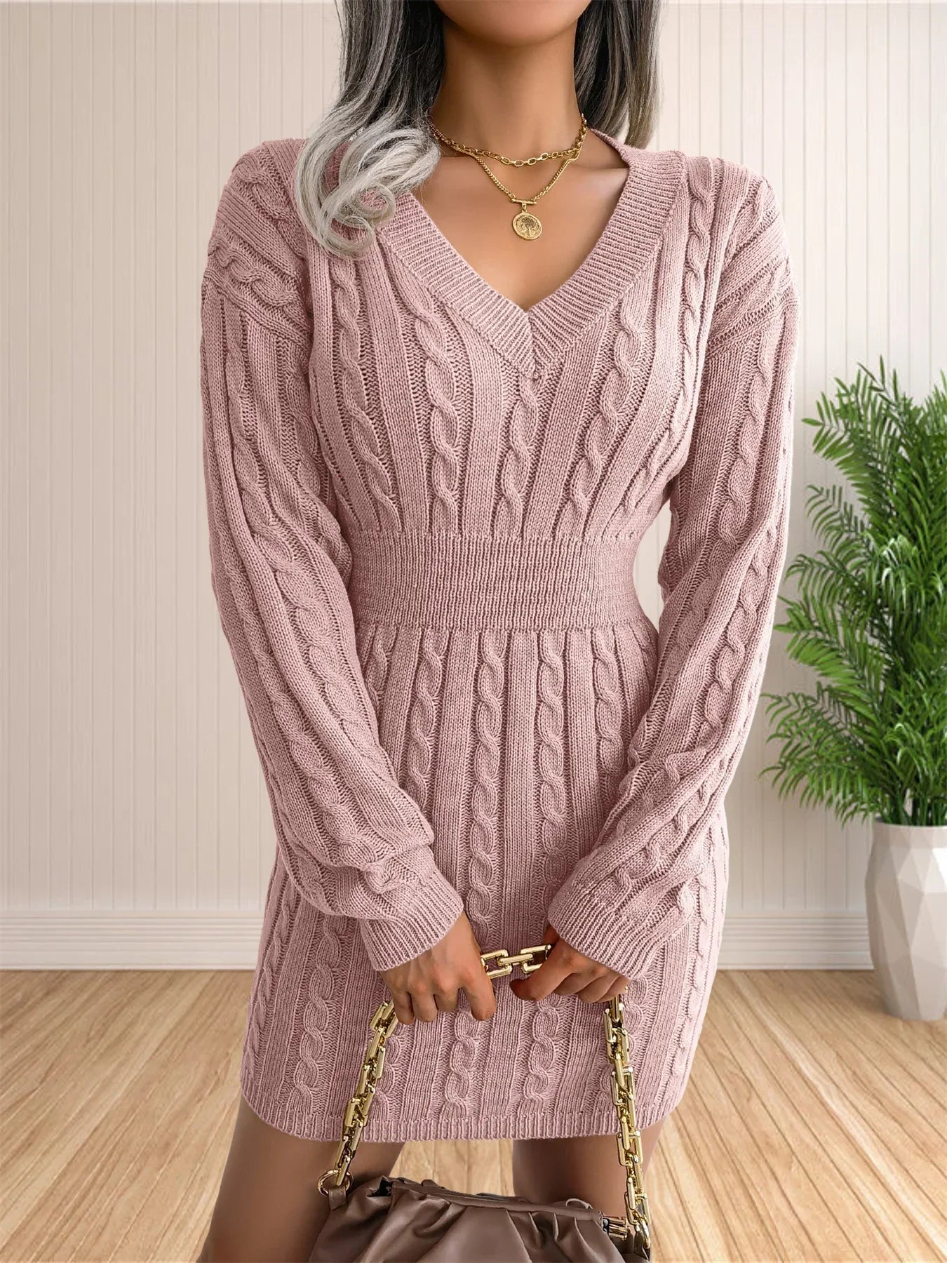 Sweater Cocktail V Neck Knitted Dress