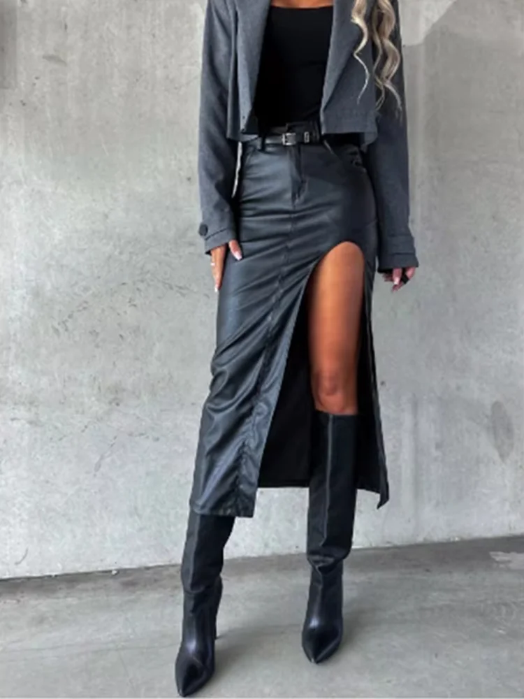 Mid Pu Leather slit sexy Hip Hugging Punk Style Autumn Skirt