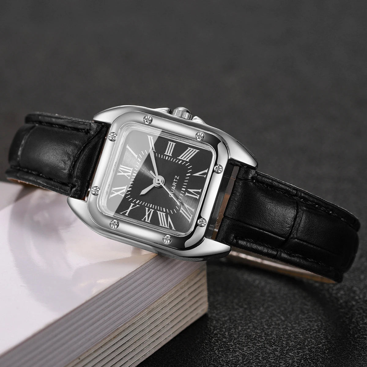 Square Leather Strap Roma Dial Quartz Watch
