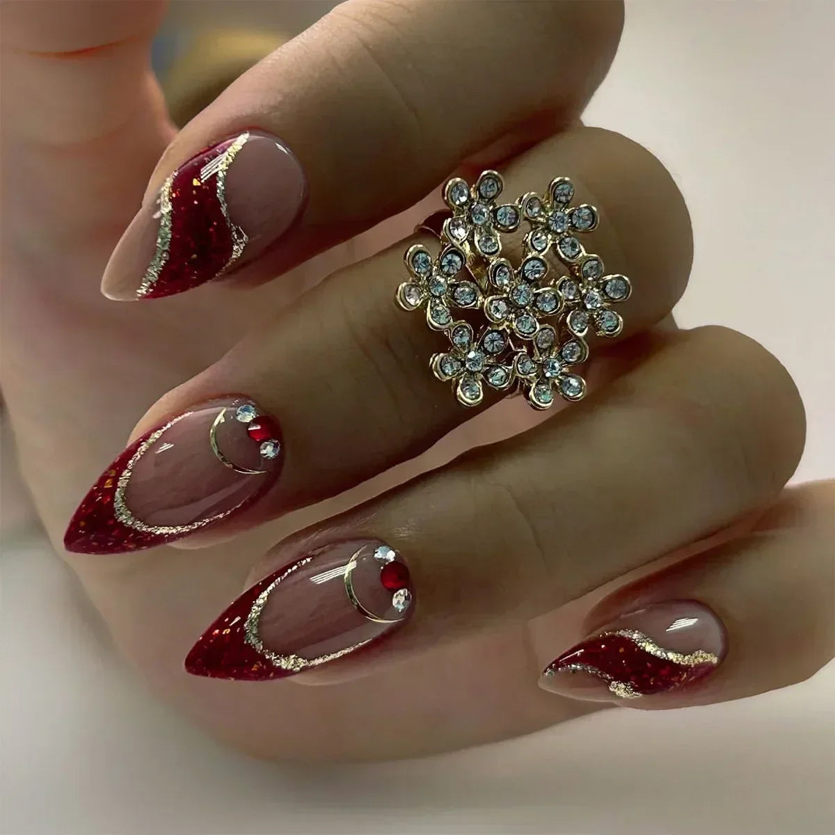 24pcs/Box Long Coffin False Nails Art Rose with Glue Wearable Jelly Nails