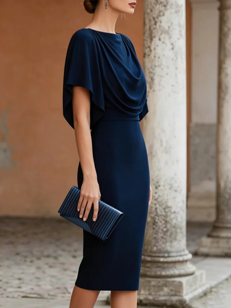 Short Sleeve Midi Dress Cowl Neck Draped Cape Bodycon Dress