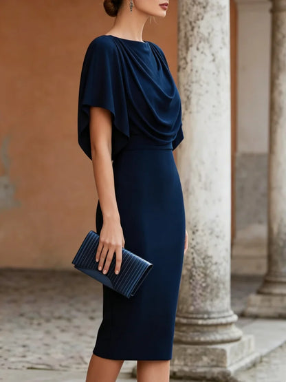 Short Sleeve Midi Dress Cowl Neck Draped Cape Bodycon Dress