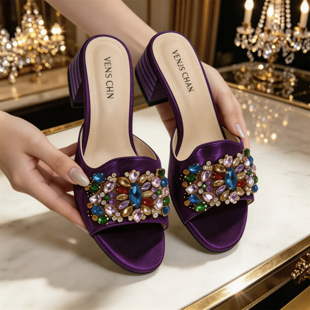 Luxury Multicolor Rhinestone Blue Heel Mules Black Satin Open Toe Slip