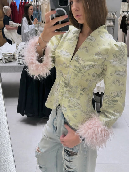 Floral Jacquard Furry Faux Fur Cuffs Patchwork Jacket