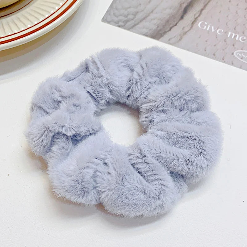 Solid Soft Plush Wide Hair Band Ponytail Holder Hair Tie Fluffy Rubber Band