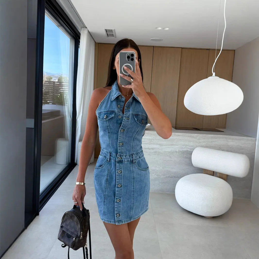 Low-cut Collar Single-breasted Button-down Dress