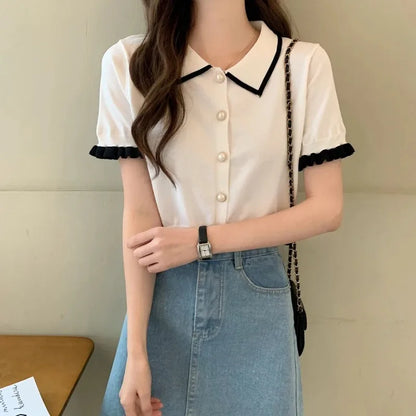 Korean Knitted Turn Down Collar Blouse