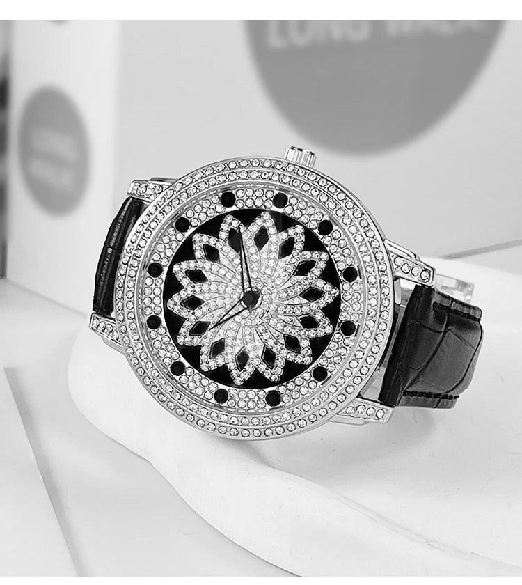 Reloj de cuero giratorio Lucky Star con diamantes completos