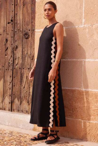 Summer Loose Casual O-neck Sleeveless Split Vintage Midi Dress