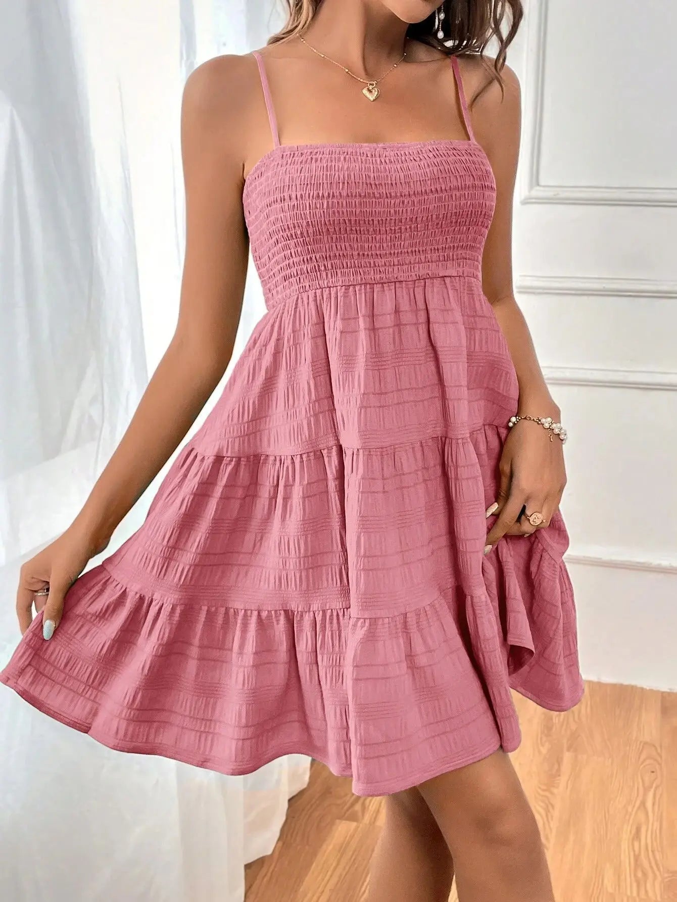 Spaghetti Strap Smocked Bustier Mini Swing Dress