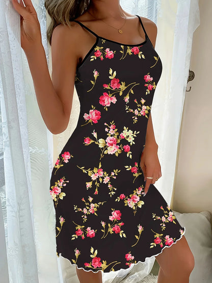 Single-Piece Casual Romantic Floral Print Nightdress
