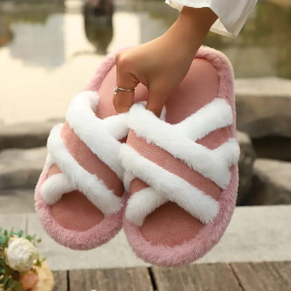 Furry Home Fluffy Light Cross Flip Flops Soft Slippers