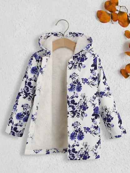 Fall/Winter Girls' Fleece Hooded Single-Breasted Floral Print Coat