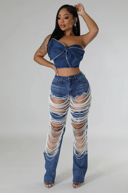 Ripped Straight Diamonds Chain Stretch High Waist Jeans Pants