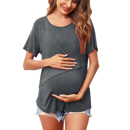 Maternity Short Sleeve Crew Neck Solid Color T Shirt For Breastfeeding